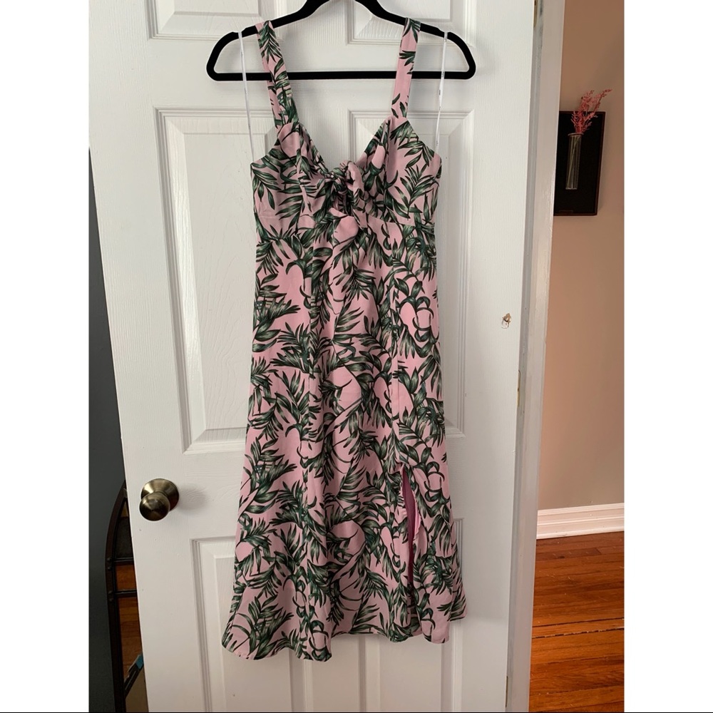 La Paz Pink and Green Leaf Print Tie-Front Midi